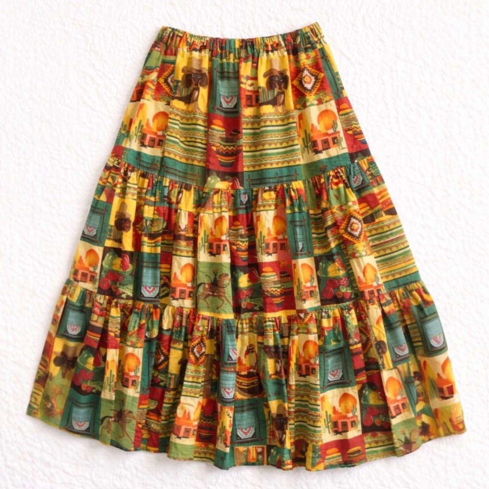 VTG Camille Oliver USA Southwestern Western Prairie Tiered Maxi Skirt M/L USA